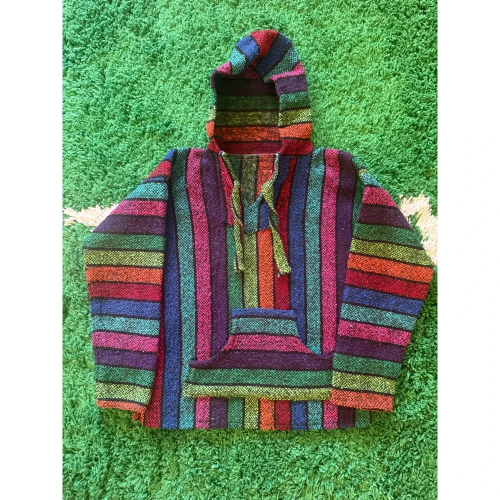 Vintage Style Rainbow Striped Woven Baja Hoodie Drug Rug Pullover Multicolor